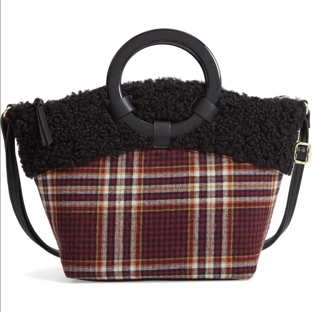 Ring Handle Plaid Tote with Faux Shearling Trim
